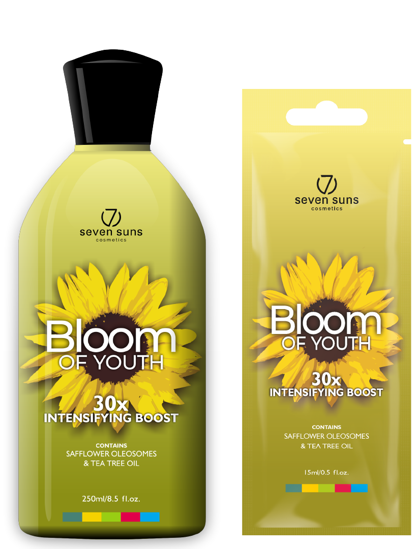 Bloom Of Youth bottle and sachet tanning accelerator